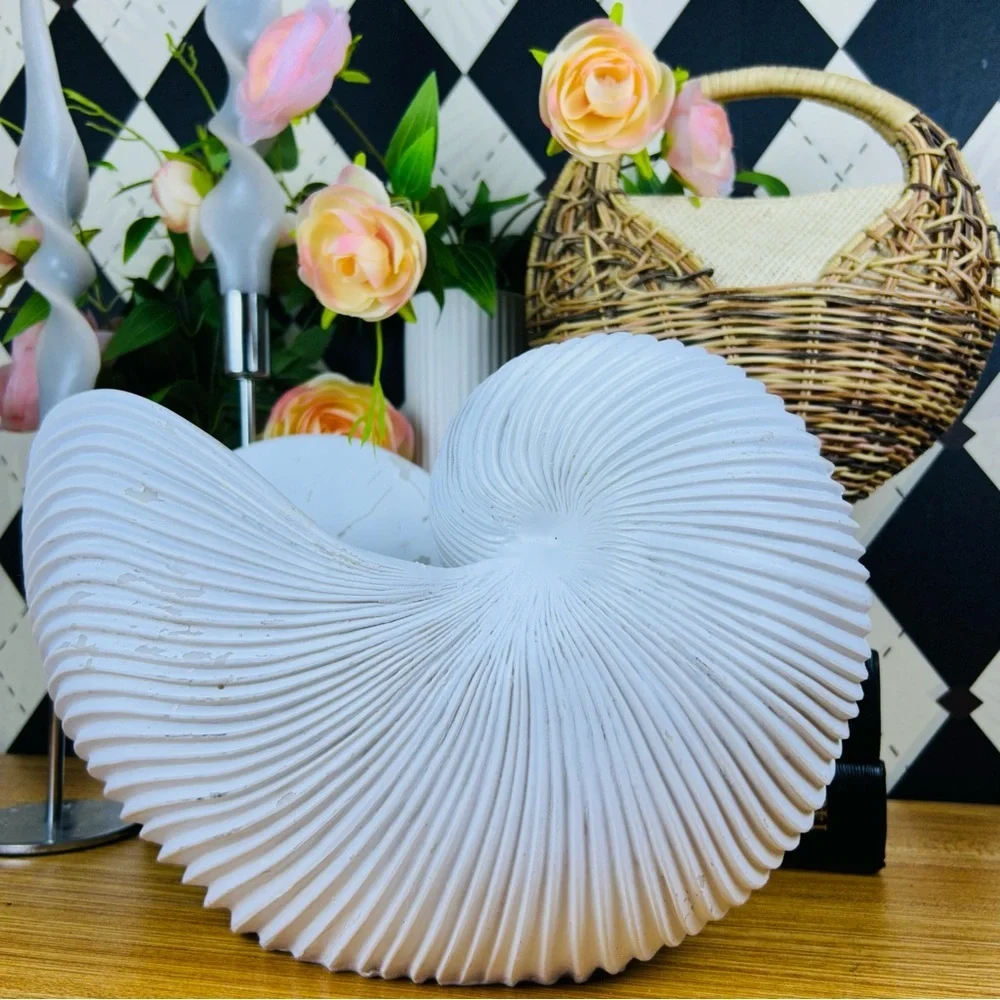 Large‎ Distressed Shell Vase White Resin Organic Sculptural Form Coastal Luxury